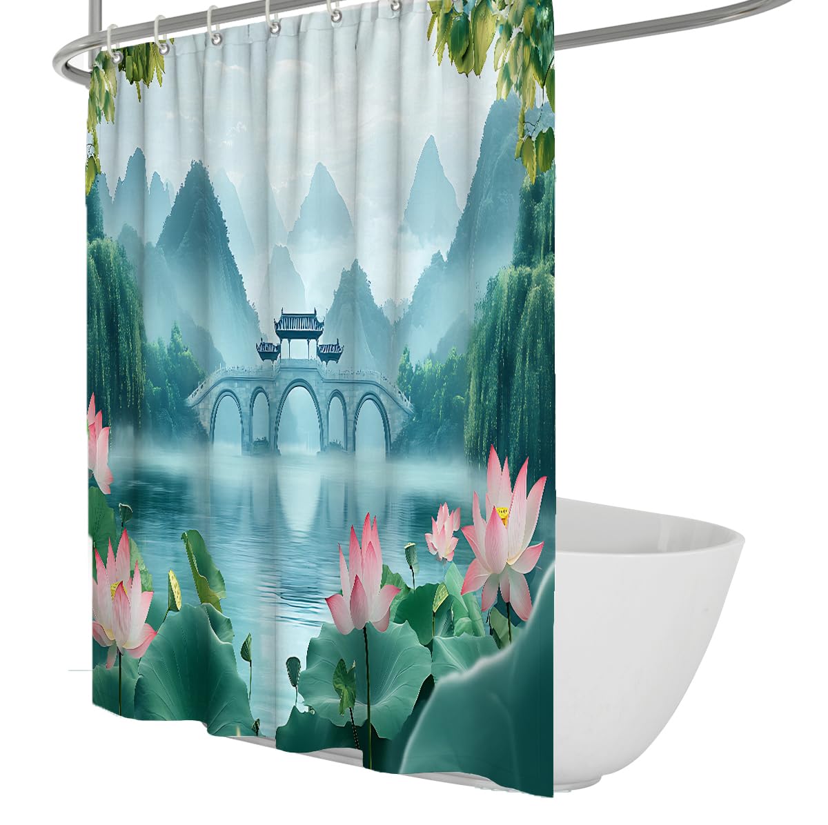 UERWOWELL Traditional Chinese Garden Bathroom Shower Curtain Vibrant Watercolor Water Lily River Scenery Shower Curtain Washable Polyester Fabric W200xL200 cm
