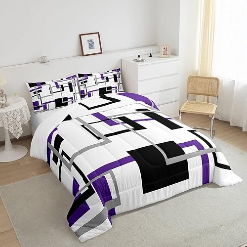 Miniatura 4 de Erosebridal Juego de ropa de cama cuadrada para niños y niñas, color morado, gris, negro, juego de edredón geométrico, edredón de plumón con patrón