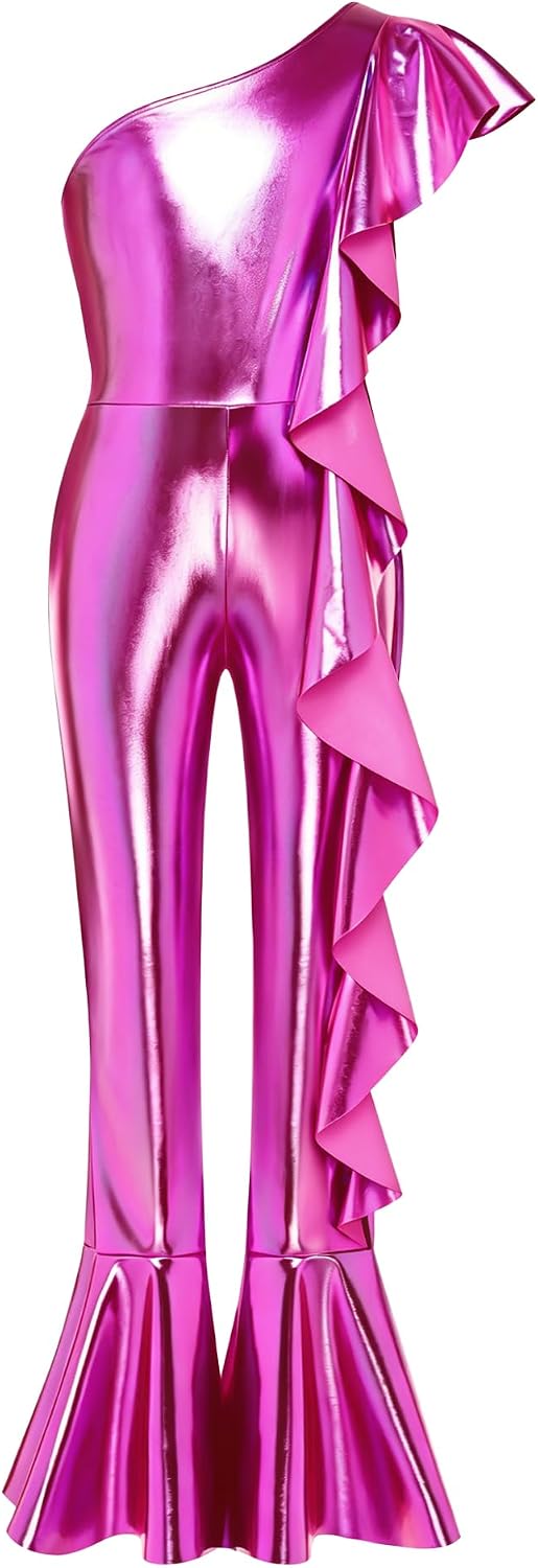 Girls Sparkly Jumpsuit Dance Formal Party Pageant Romper Ruffle Flare Bell Bottom Pants for Parties Hot Pink 16 Years