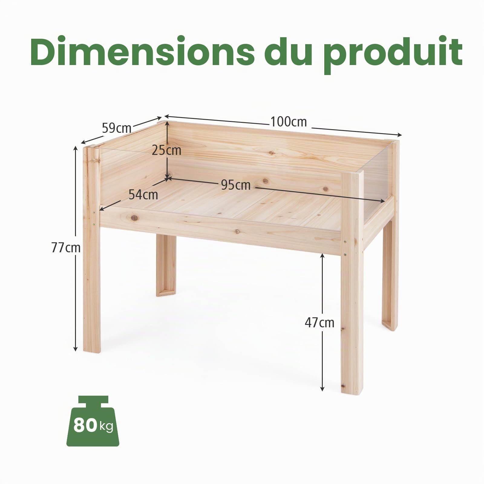 HOMASIS Carré Potager sur Pied en Bois de Sapin, Parterre de Fleurs Surélevée d'Extérieur avec Plaque Acrylique & 2 Trous d'échappement, Jardinière Surélevée pour Balcon, Jardin, 100 x 59 x 77 cm