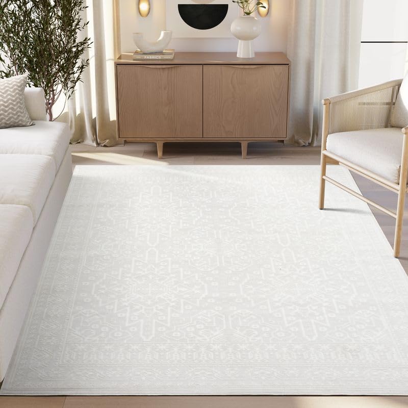 Abani Regal Cream Area Rug - 9 x 12 - for Living Room, Bedroom - Washable Tone-on-Tone Vintage Design - Soft, Durable