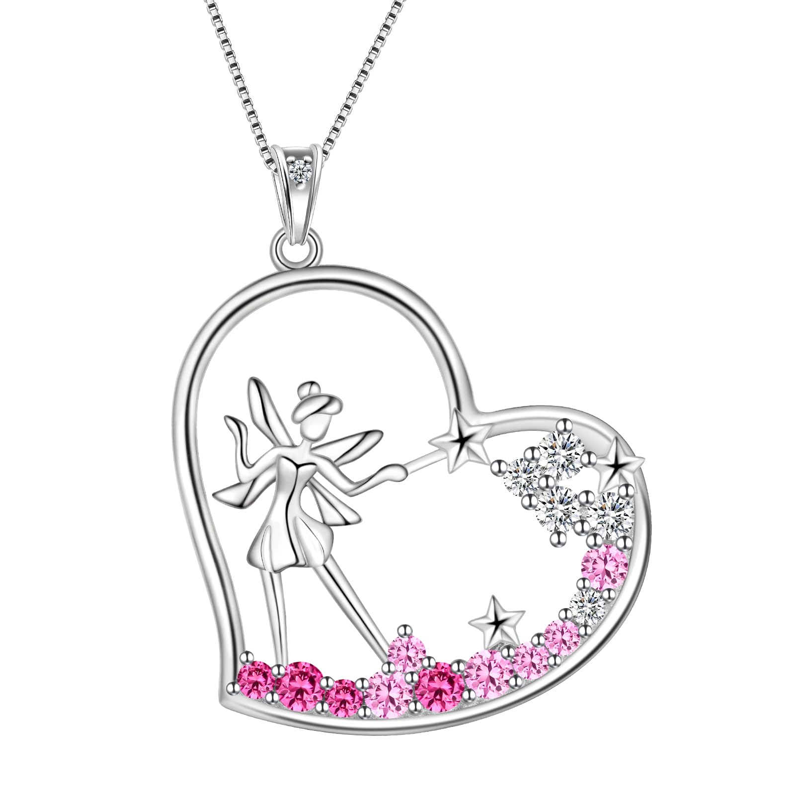 Fairy Necklace for Teen - 925 Sterling Silver Angel Start Heart Pendant Necklace Pink Crystal Jewelry for Women Birthday Valentines Gifts DP0386W, one size, Sterling Silver, Cubic