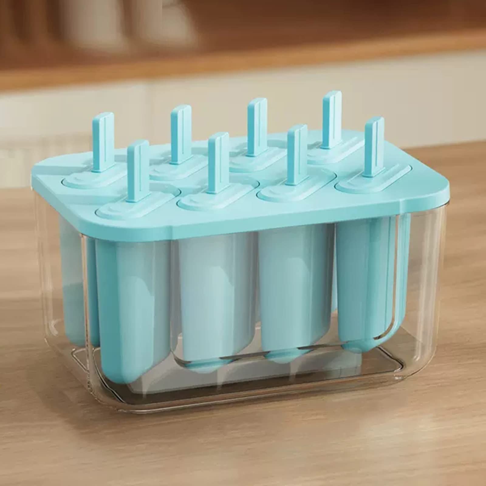 Silikonowe foremki do lodów z 8 wnękami i pojemnikiem do rozmrażania - Kolor niebieski - DIY Soki Smoothies Sticks