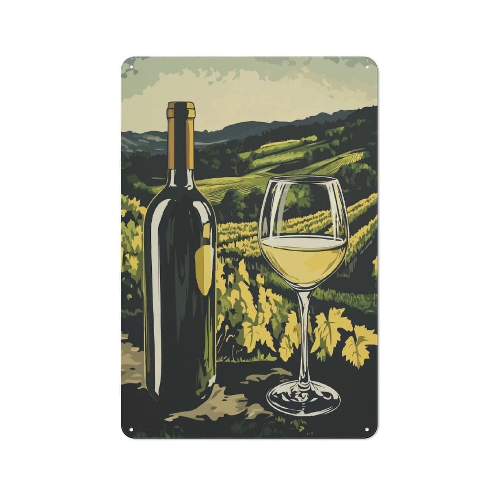 Junmoney Wine Bottle And Glass In Vineyard Metal Wall Sign 30X20cm Featuring For Café Or Restaurant, A Decorative Metal Sign For Cafés And Restaurants