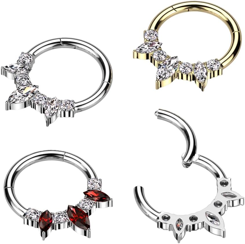 Pierced Owl 16GA F136 Implant Grade Titanium Triple Marquise and CZ Crystal Lined Hinged Segment Ring
