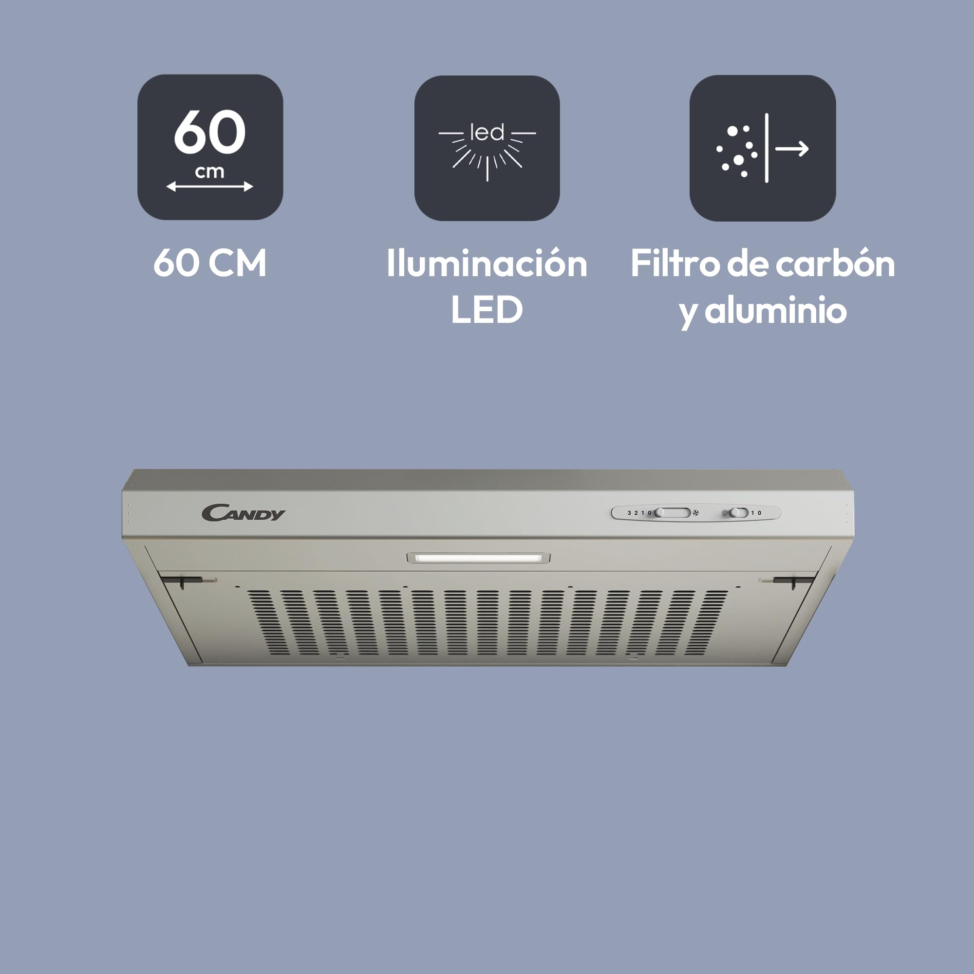 Candy CFT610/5S Campana 60 cm Ancho, 3 Niveles de Potencia, Capacidad extracción 208 m3/h, iluminación LED, 87.5 W, 55/71 decibels, Silver
