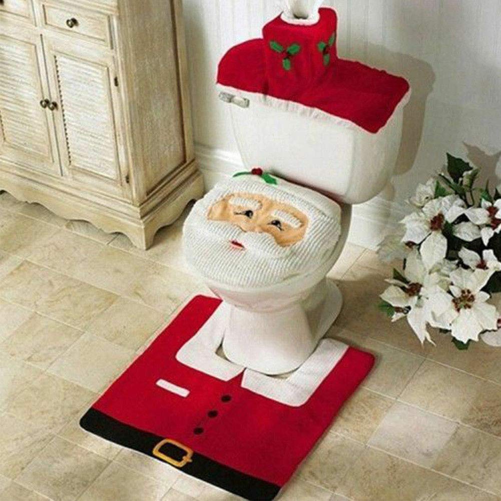 Christmas Bathroom Decor Set - Toilet Seat Cover, Rug, Tank Cover & More - Festive Xmas Indoor Party Decor