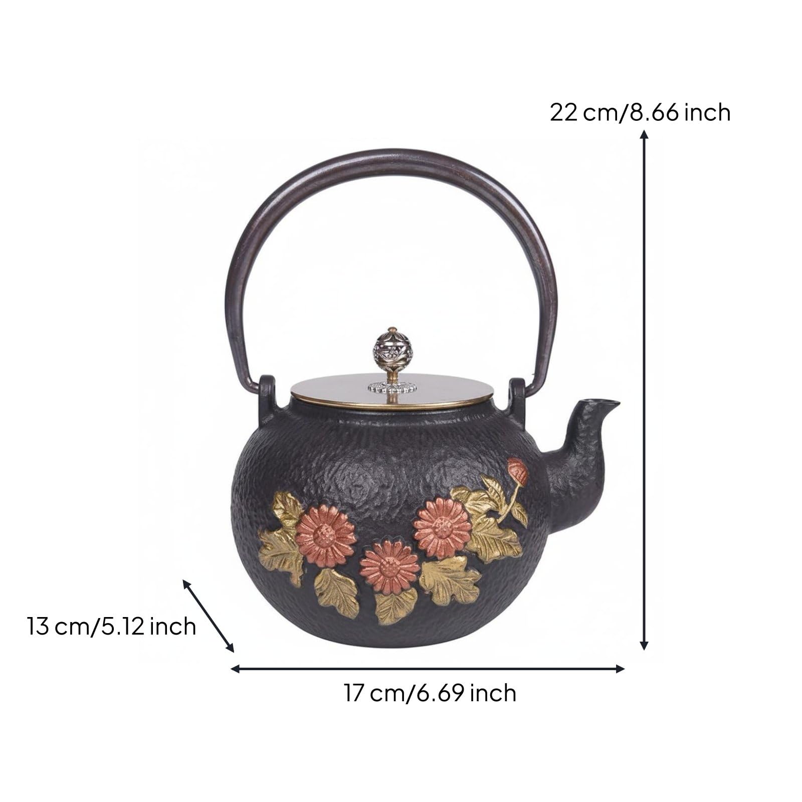 TISHITA Tetera de Hierro Fundido Japonesa Tetera Hervidor Caldera Decorativa y Funcional Libera de Hierro y el Cobre y Relieve Adecuada para del Té Meditación Hogar, 1.2L Girasol