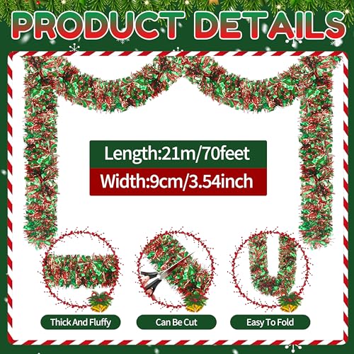 Image of 70 Ft Christmas Tinsel Garland Metallic Tinsel Twist Garland Glitter Christmas Tree Hanging Decorations New Year Party Birthday Holiday Indoor Outdoor Supplies (Red Green)
