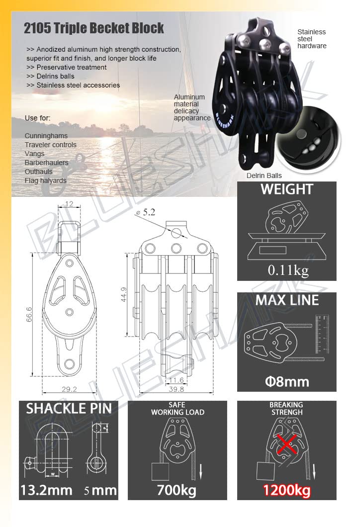 Blue Shark-Sailing Pulley Blocks Ball Bearing 28mm Triple Fixed 2105