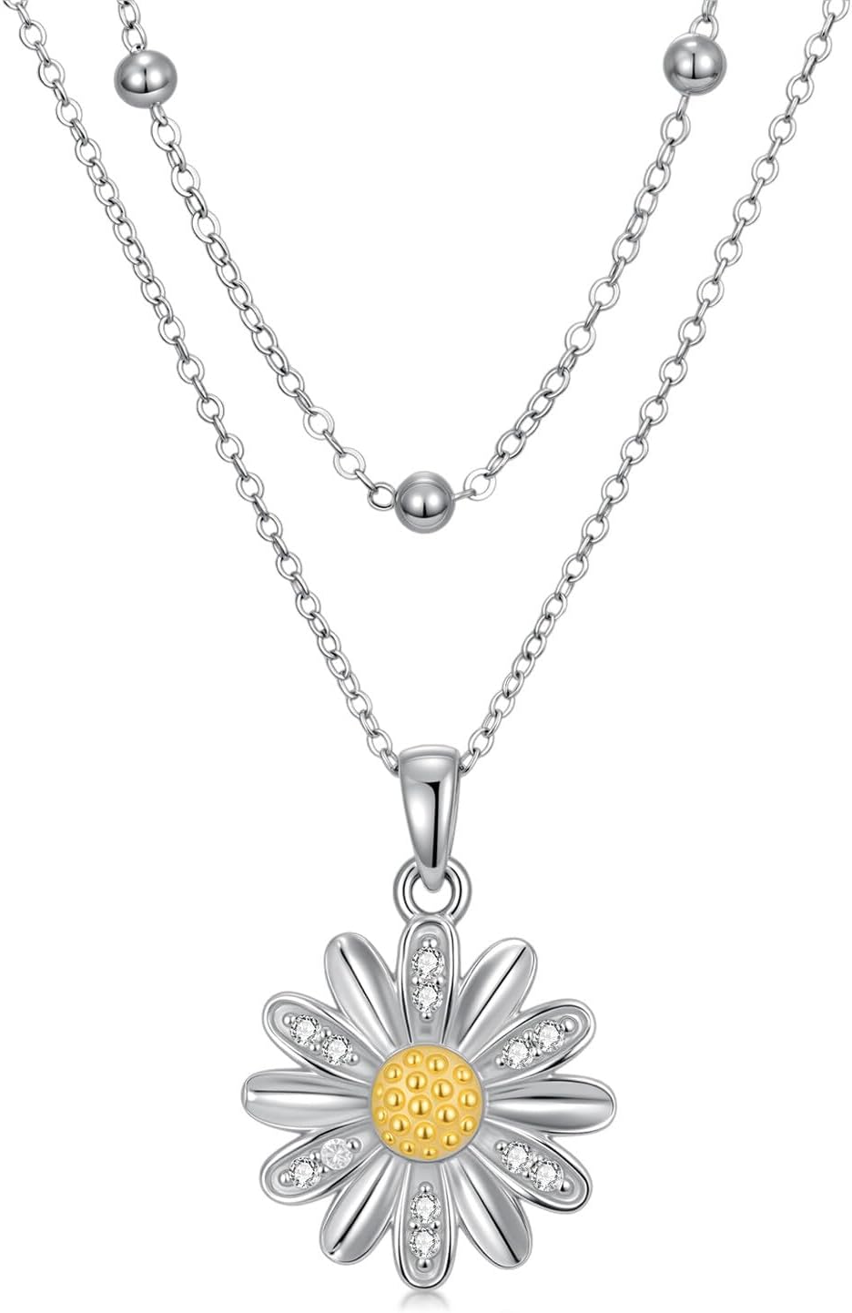 Diamond Daisy Layered Necklace S925 Sterling Silver Daisy Flower Pendant Necklaces with Lab Grown Diamond Jewelry Gifts for Women