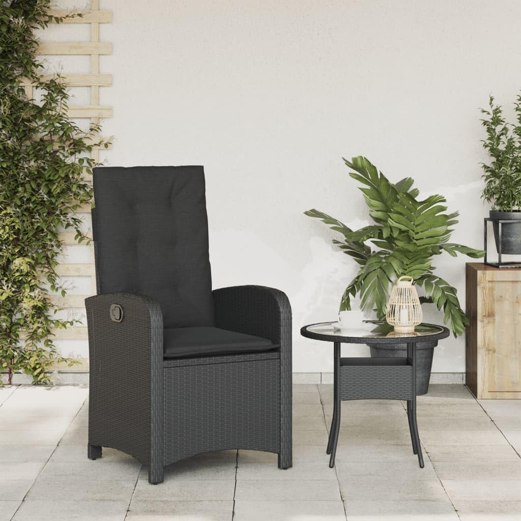 Poltrona pieghevole da giardino in rattan PE, colore nero, con schienale regolabile e cuscini spessi, rivestimento lavabile, telaio in acciaio, max. 110 kg
