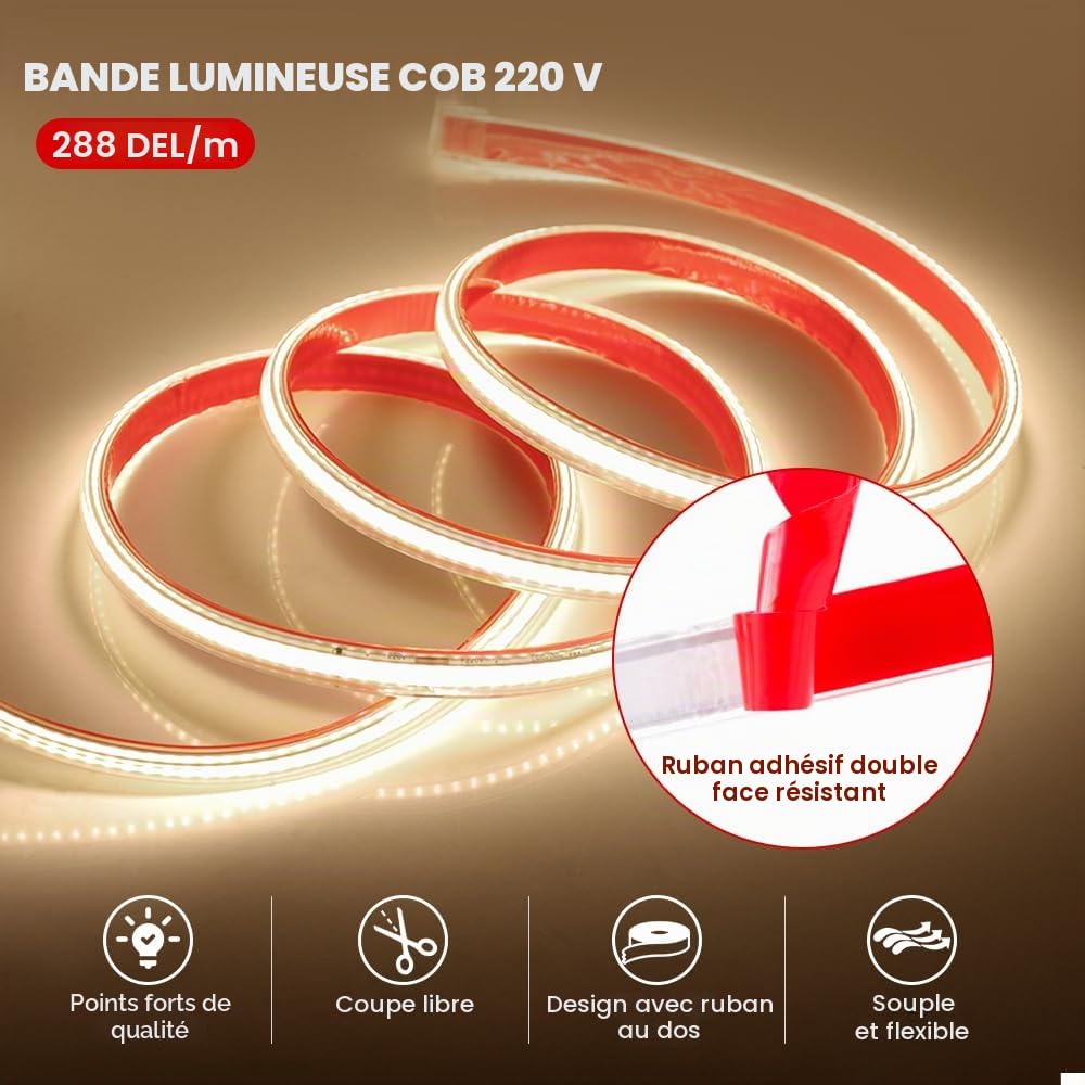 XUNATA Lumière au LED COB Autocollant, 288Leds/m IP65 étanche 230V Super Lumineux Bandeau flexible Ruban LED Light Strip pour Escalier, Chambre, Noël, Fête, etc (Blanc naturel, 15M)