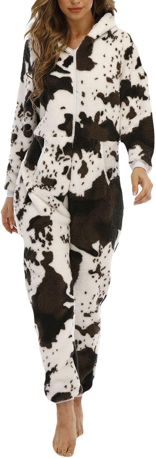 Women's Thermal Fuzzy Fleece Cow Onesie Pajamas Long Sleeve Adult Cute Cosplay Outfits Zipper Hooded Funny Animal