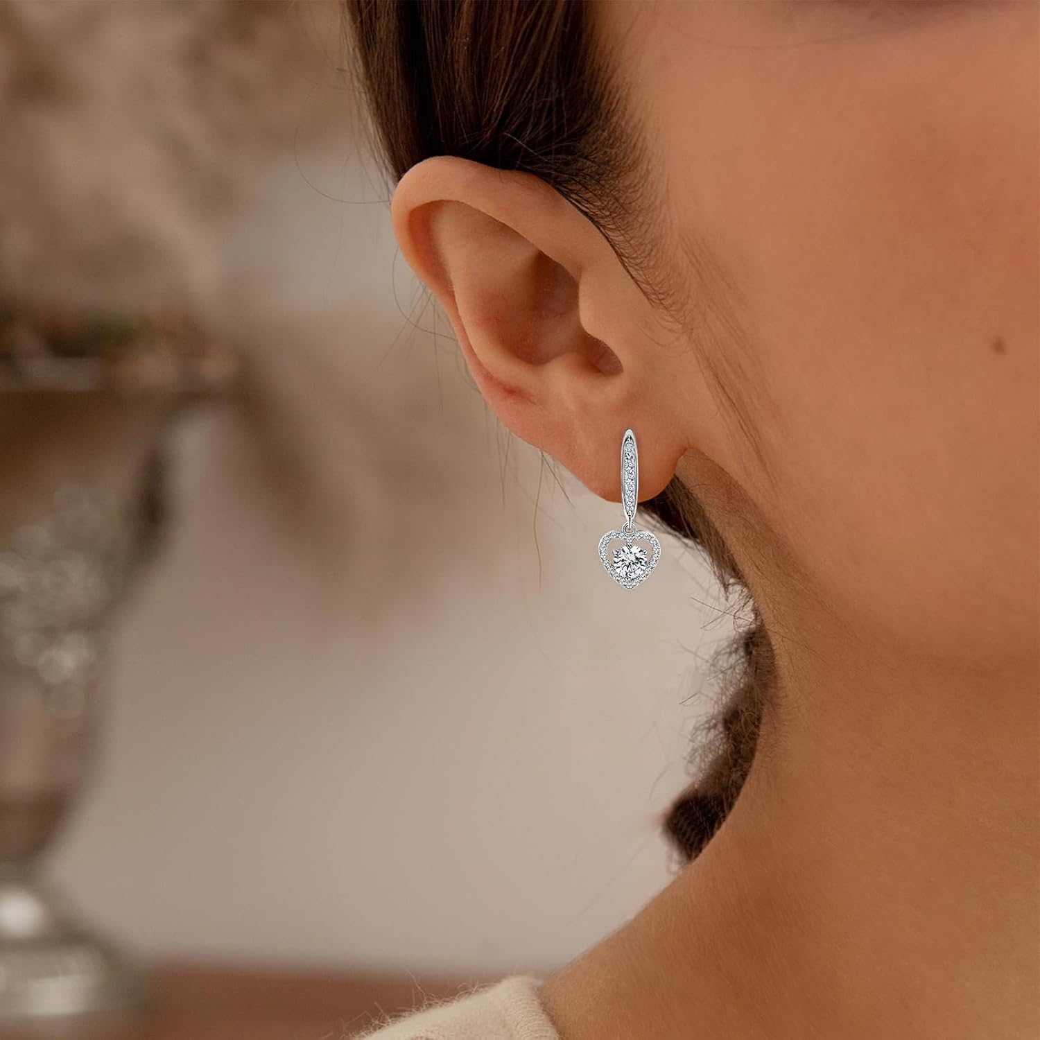 Heart Dangle Earrings - Sterling Silver Love Heart-Shaped Dangling Earrings for Women Hypoallergenic Cubic Zirconia Earring Sparkle Jewelry Gifts for Her Wife Mom - Image 3