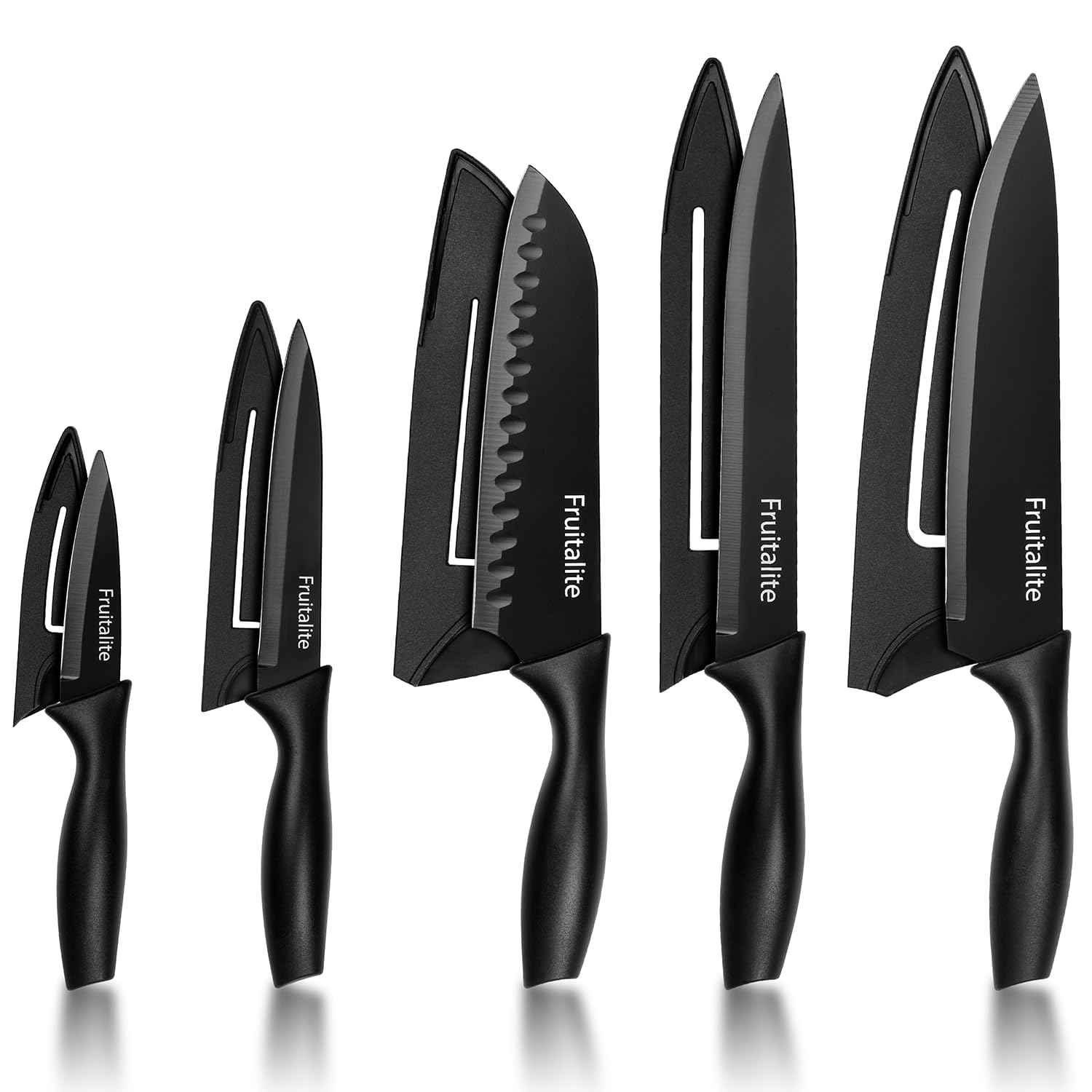 Fruitalite 5 Pieces Kitchen Knife Set with 5 Blade Covers- Premium Razor-Sharp High Carbon Stainless Steel Blades Chef Knives | Non-Stick Coating | Non-Slip Ergonomic Handles,Home Use- Black