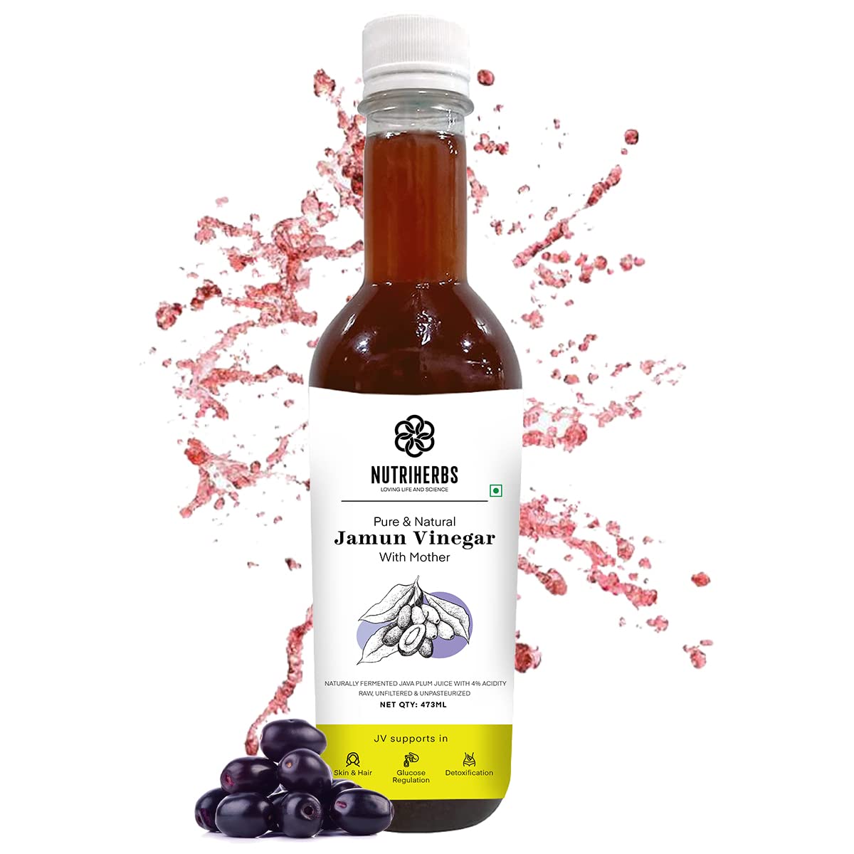 NUTRiHERBS Organic Raw Jamun Cider Vinegar 473ML (Sirka) with Mother Regulates Sugar Levels, Energy Booster, Improves Metabolic Rate & Digestion Pack of 1