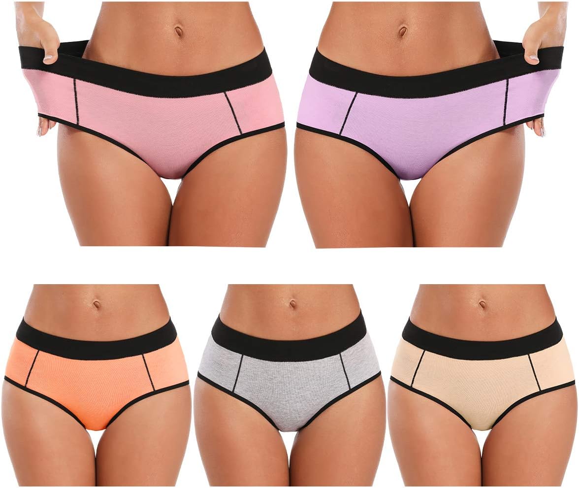 POKARLAWomen's Cotton Stretch Underwear Ladies Mid-high Waisted Briefs Panties 5-Pack, Multicolored-5pack, M