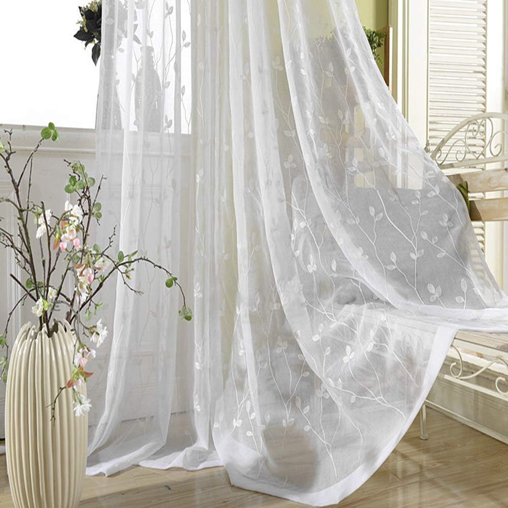 Vine Curtain Sheer White Linen Curtain Embroidered Drape Rod Pocket Light Flow Sliding Glass Door Window Treatments Voile Tulle Panels for Dining Living Room 1 Panel 75 x 102 inch