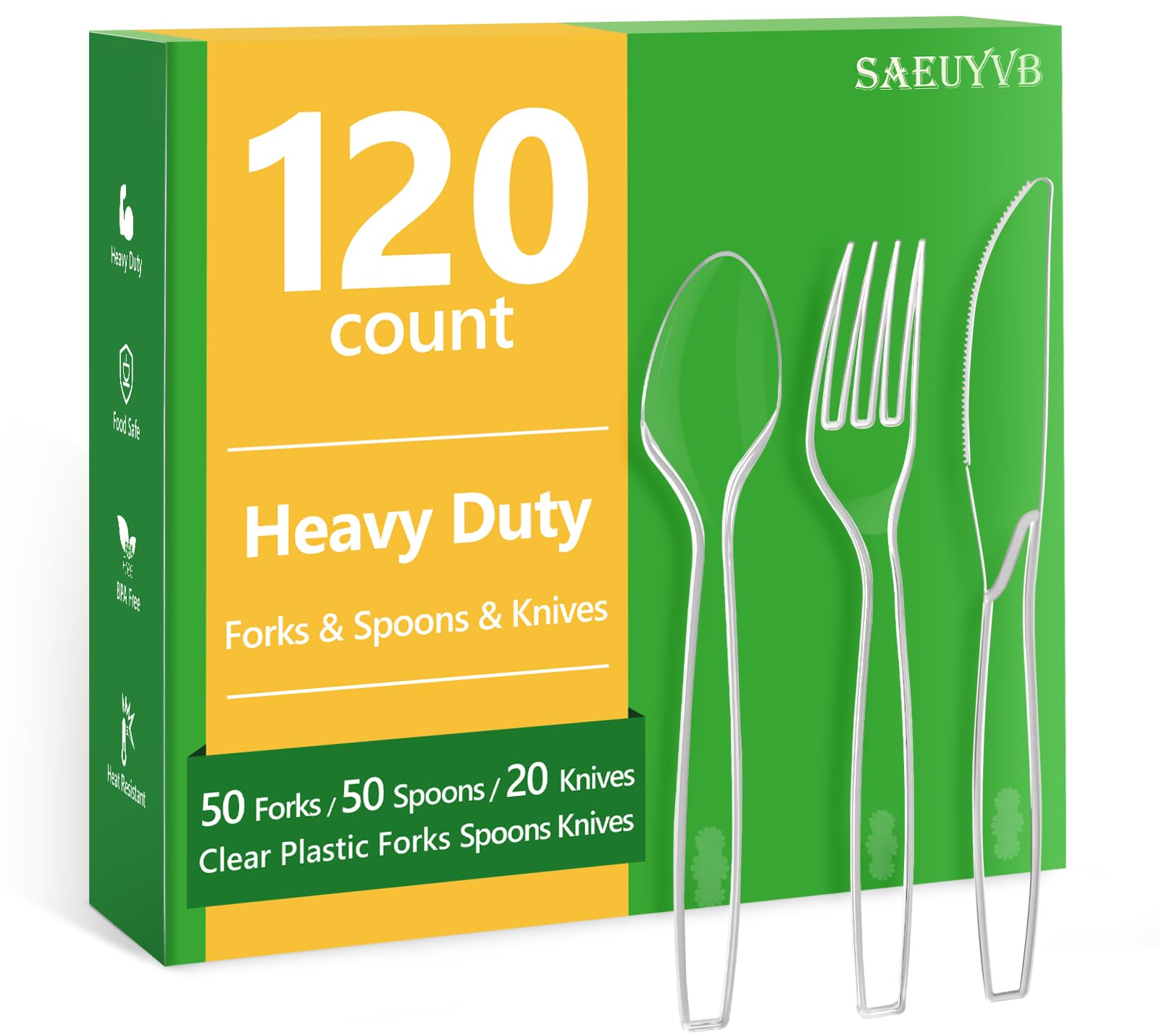 120 Count Plastic Silverware Heavy Duty - 50 Plastic Forks,50 Plastic Spoons,20 Plastic Knives,BPA-Free,Disposable Plastic Utensils Set,Plastic Cutlery Set,Plasticware Suitable for Party Everyday Use.