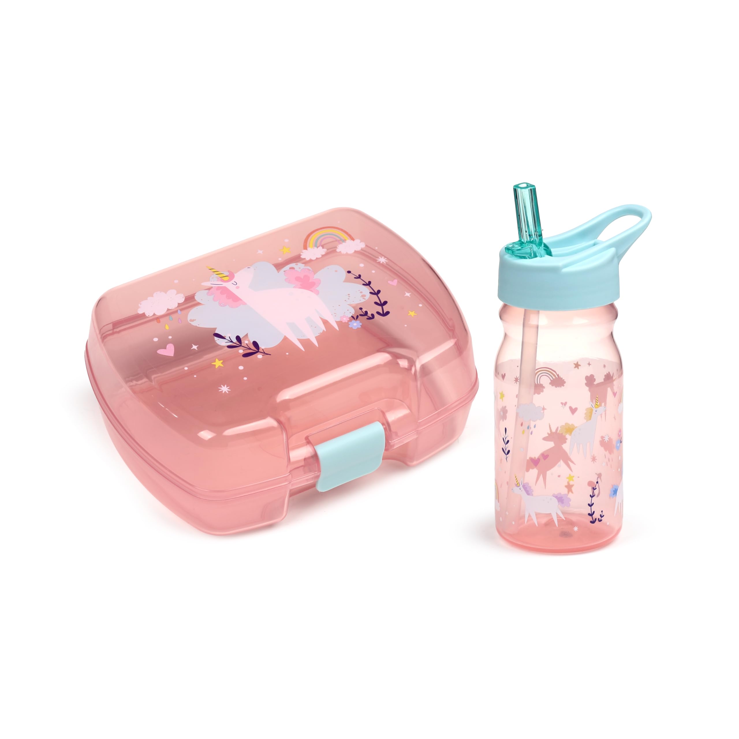 Puckator Set porte-goûter rose pour fille (boîte à déjeuner pour nourriture et bouteille d'eau avec paille) - magie de la licorne et arc-en-ciel, sans BPA