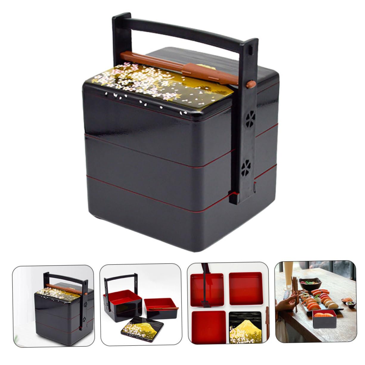 Hohopeti Boîte Bento Japonaise à Sushi Noire, Design Trois Niveaux