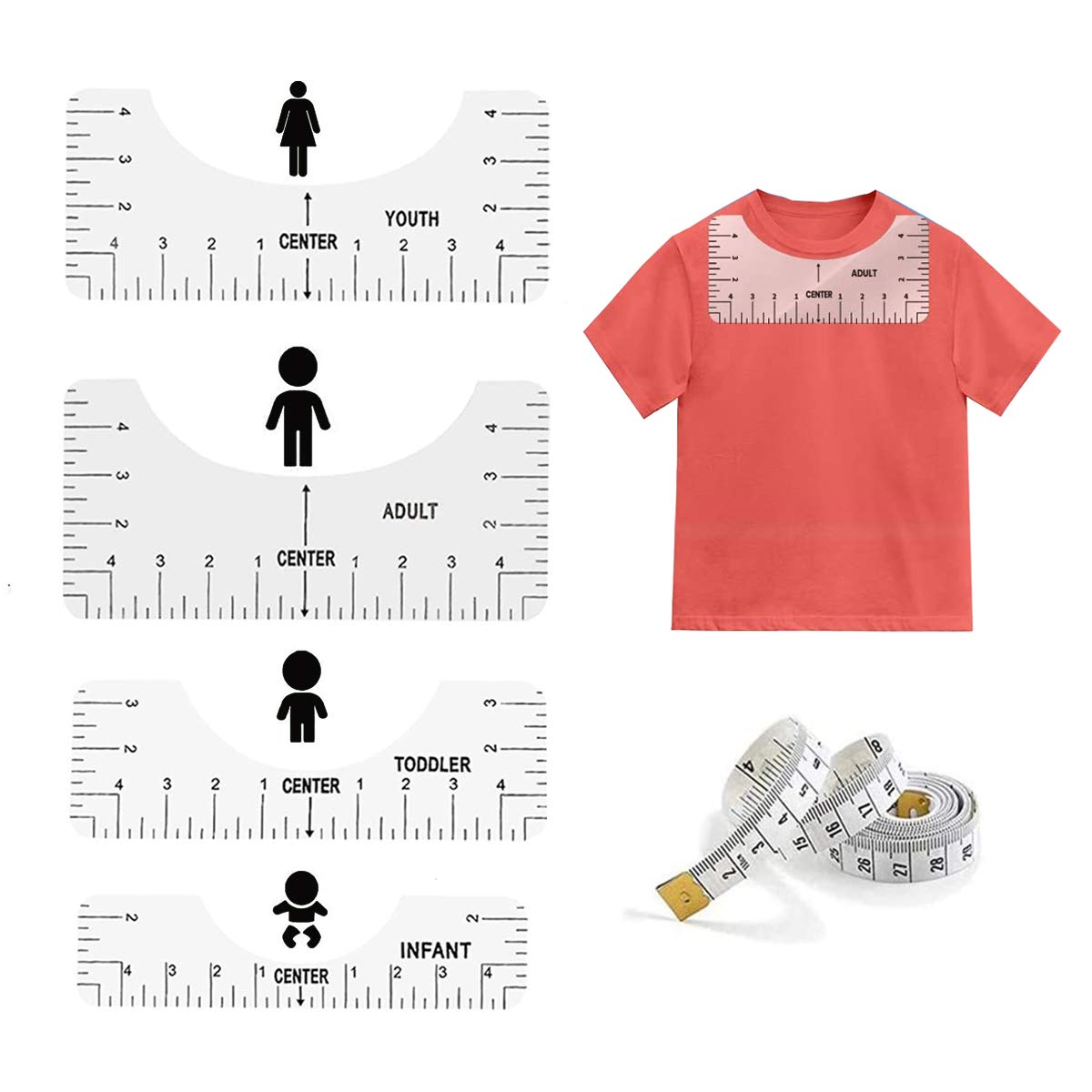 T-Shirt Ruler Guide Alignment Tool,(4 Pack) for Center Designs T-Shirt for Adult Youth Toddler Infant Craft Ruler,Give Away 1 Measuring Ruler (Transparent)