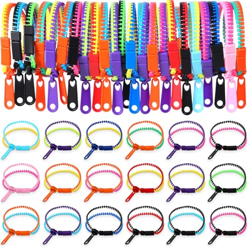 Yinkin 200 Pieces Party Favors Bulk 7.9 Inch Friendship Fidget Zipper Bracelets Children Sensory Toy Fidgets Friendship Play Bracelets for Classroom Rewards Birthday Goodie Bag Fillers(Bright Color)