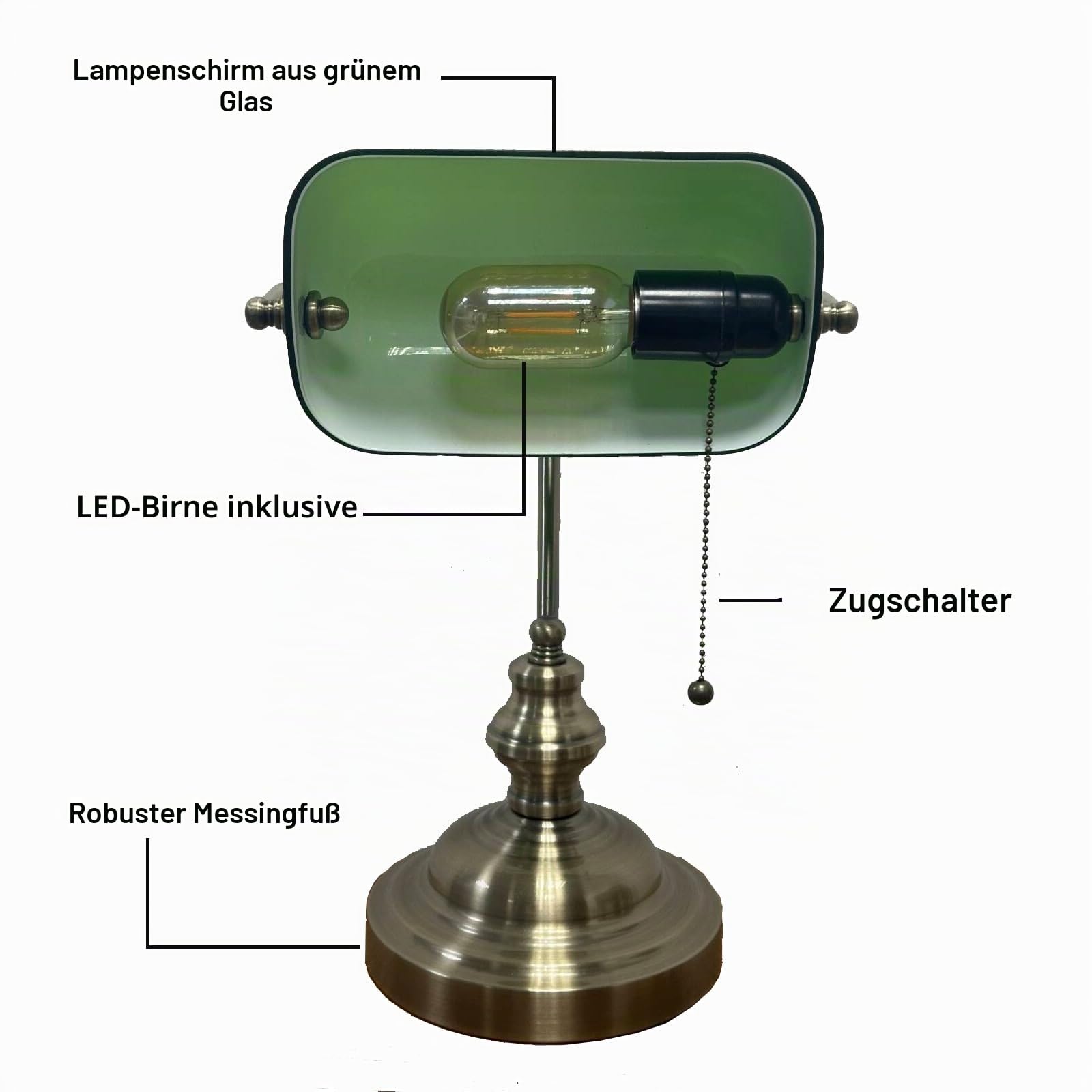 Bankerlampe Grün Retro Schreibtischlampe mit Messing-Zugschalter, klassische grüne Glaslampe, für Büro, Arbeitszimmer & Schlafzimmer, inkl. Edison-LED-Glühbirne