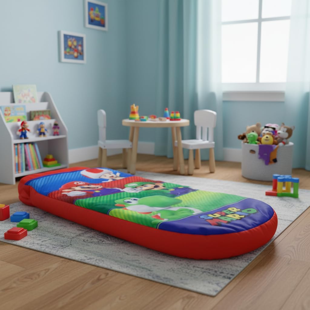 Nintendo Offiziell lizenzierte ReadyBed Luftmatratze | Aufblasbares Kinderbett mit integrierter Schlafsackfunktion und Pumpe | Design „Squad“ | Perfekt für Reisen, Camping oder Zuhause