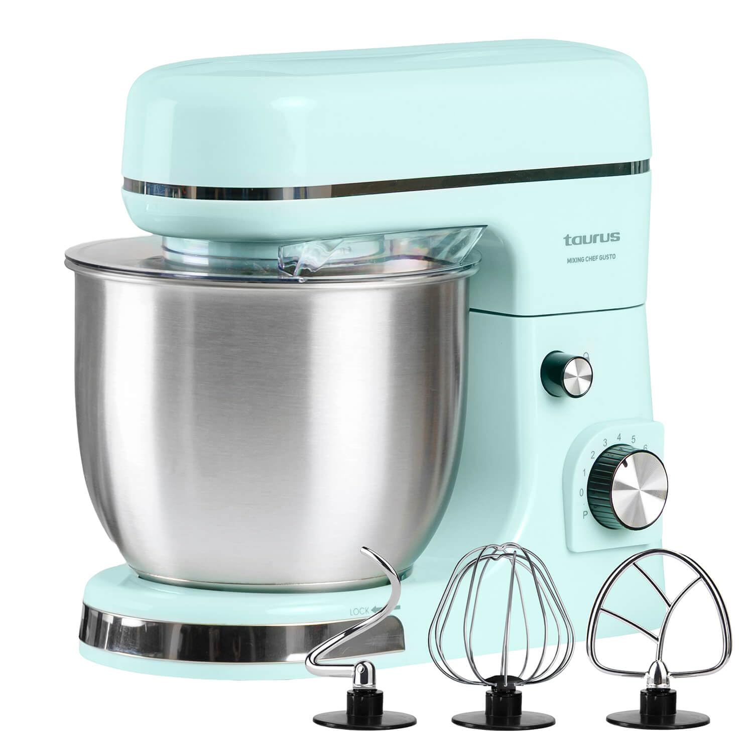 Taurus Batidora amasadora Mixing Chef Gusto | 1300 W | 8 Velocidades + Pulse | Bol Acero Inoxidable 5 L | Cabezal inclinable | Tapa Anti salpicaduras | Accesorios para batir, montar y amasar