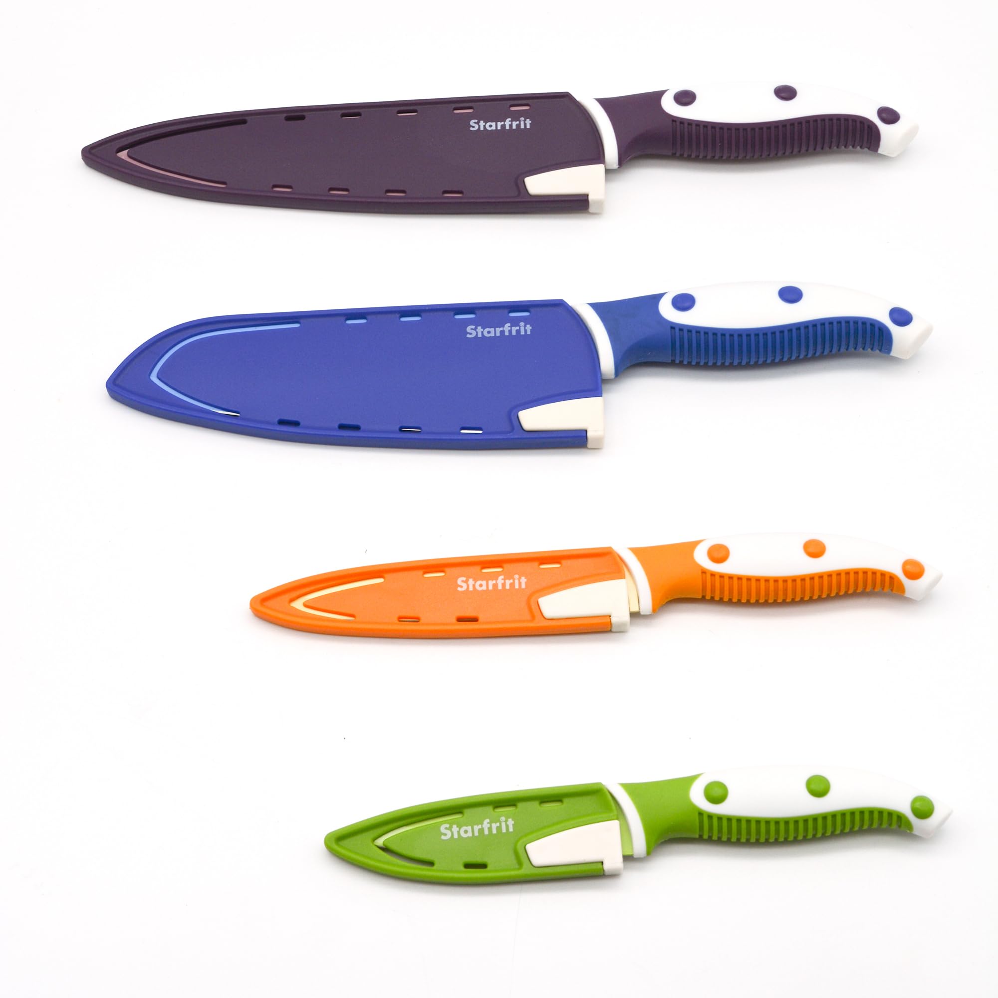Starfrit Set of 4 Knives with Integrated Sharpener on Sheath, Multicolored