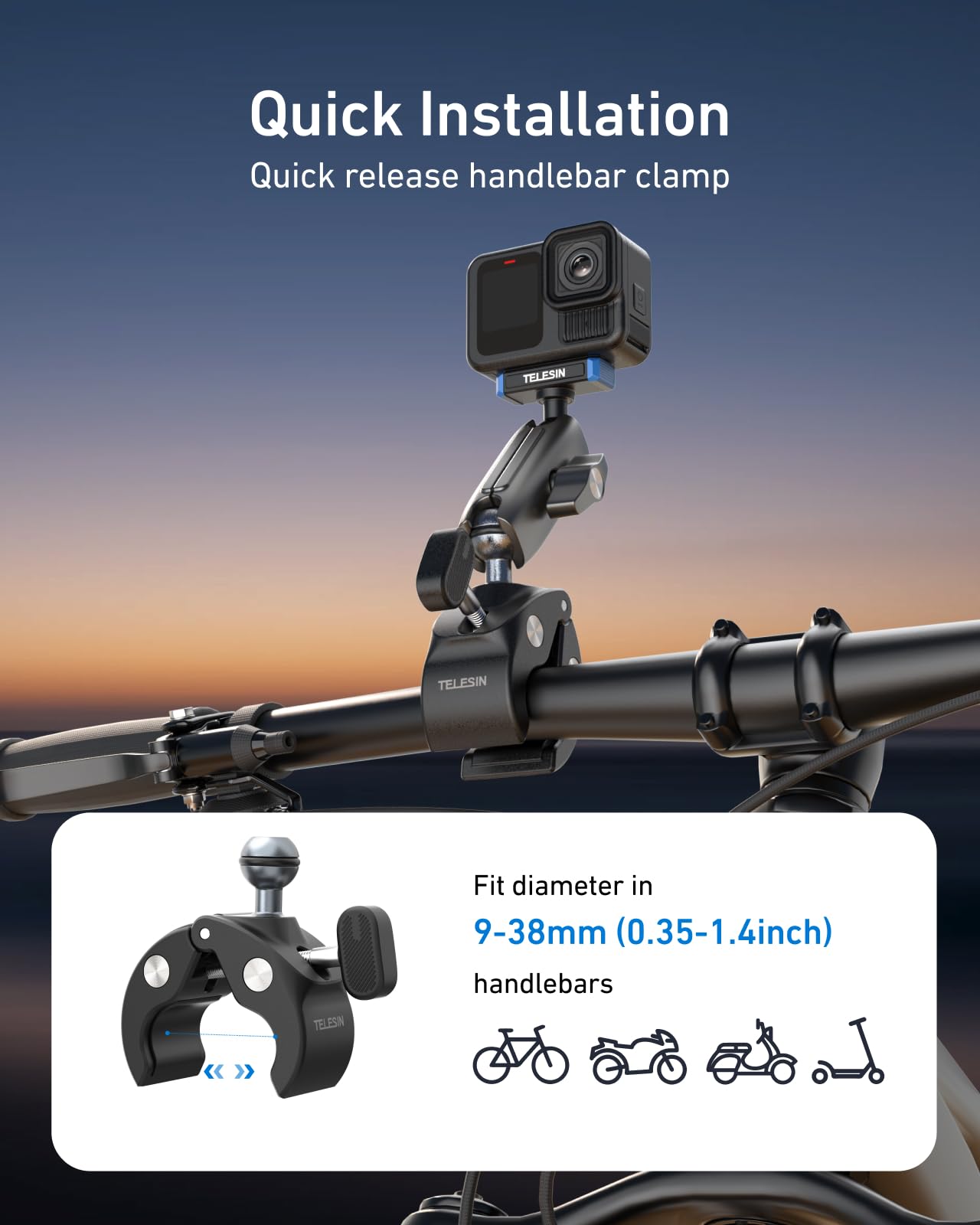 TELESIN Super Clamp per Moto/Bici per GoPro Hero 13, 9-38mm | Manubrio, morsetto potente e testa sferica 360°, per manubri da 9 a 38 mm