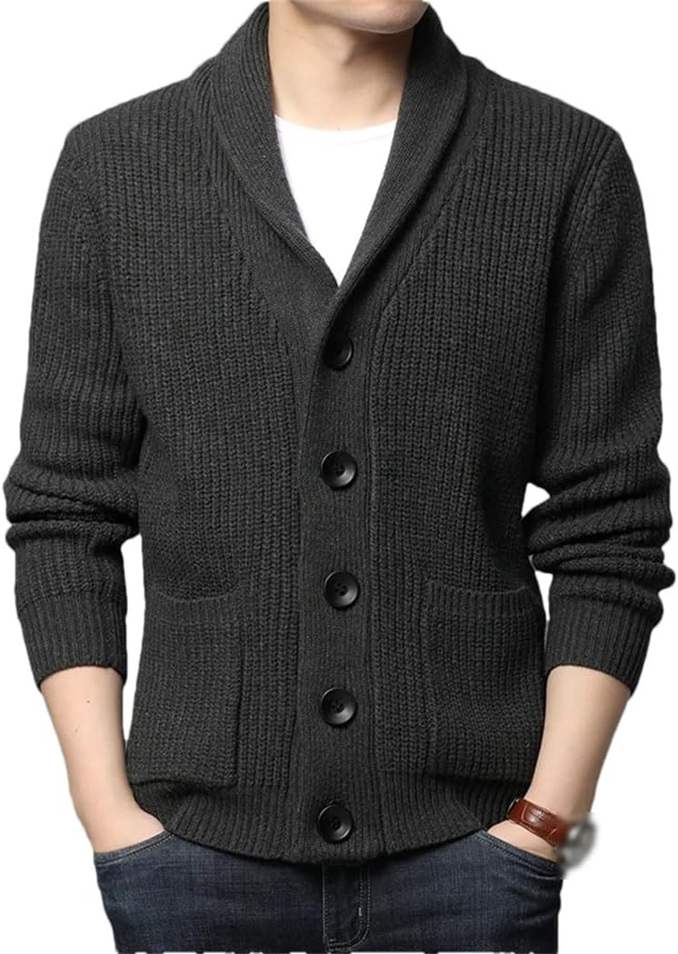 Men's Winter Thick Knitted Sweater Jakcet Long Sleeve Turn Down Collar Single Breasted Cardigan Coat