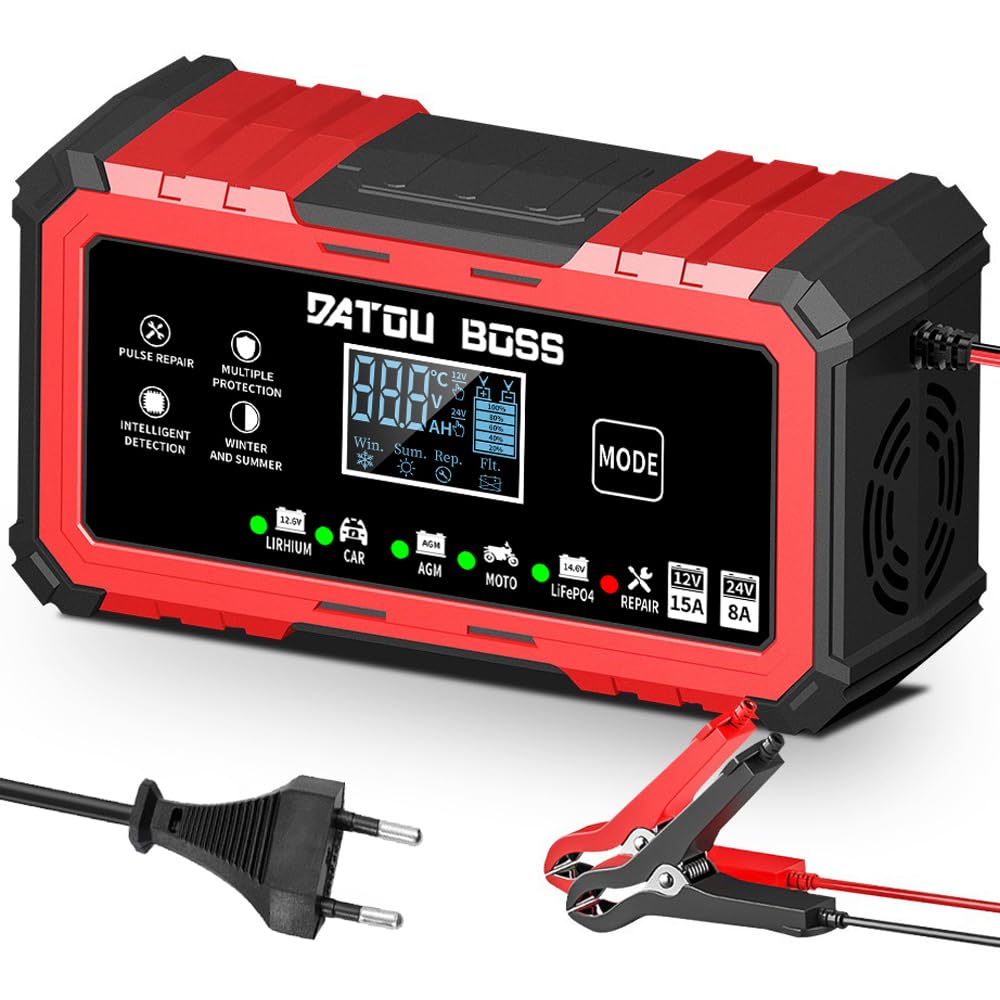 DATOUBOSS Cargador de Batería de Coche 15A 12V/24V, Cargador Baterias Coche Inteligente con Reparación y Compensación Térmica, para Moto Coche Barco, para LiFePO4 Plomo-Acido AGM Gel (12V 15A/24V 8A)