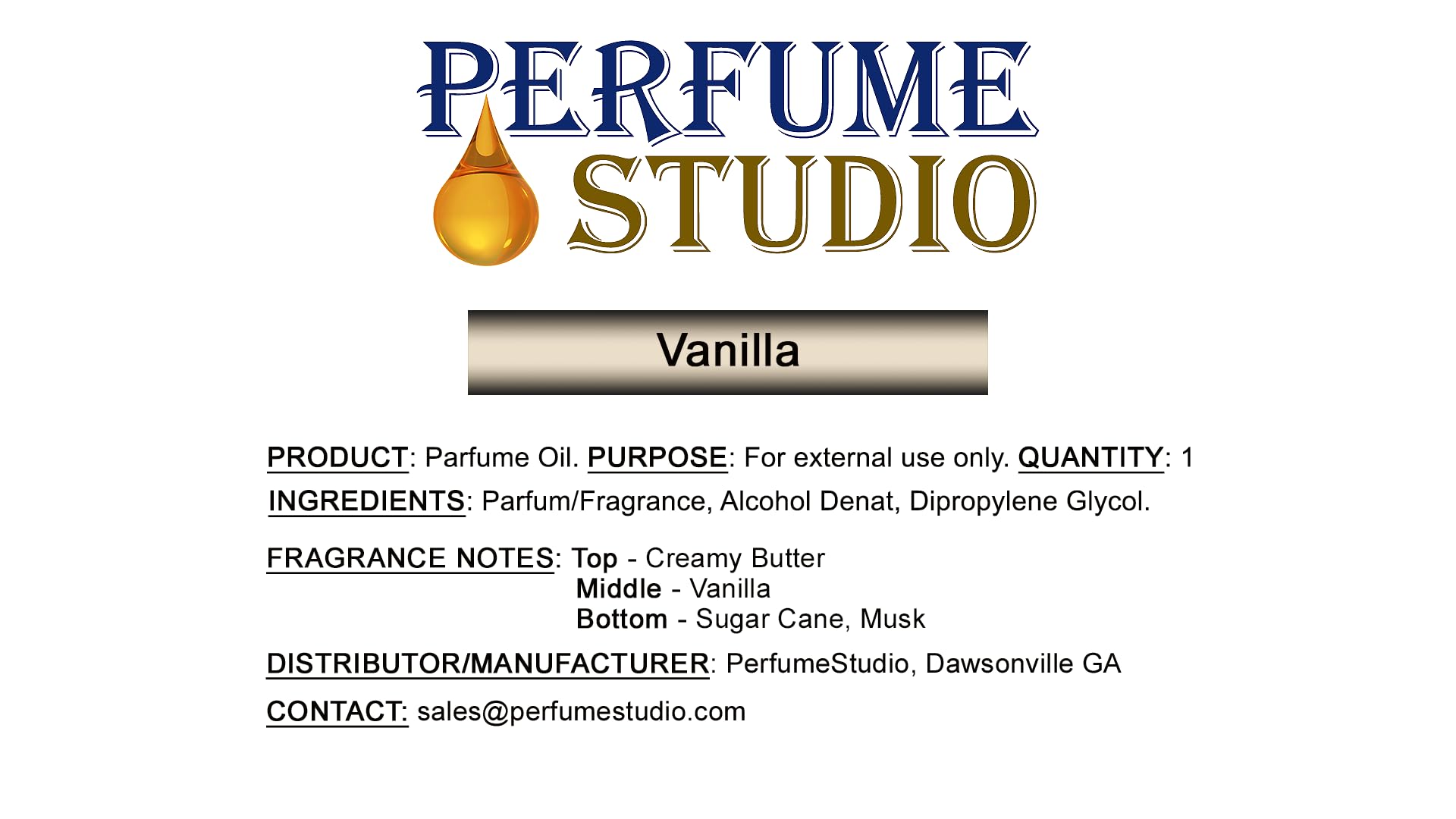 Perfume Studio Vanilla Fragrance Oil, 12ml, Pure, Undiluted, All Seasons