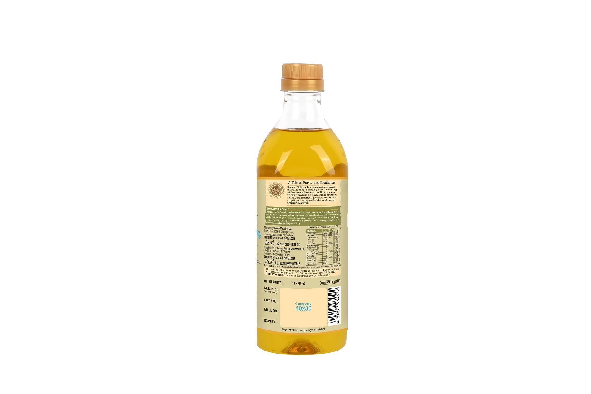 House of Veda Organic Sunflower Oil 1L | Cold Pressed Unrefined | Heart Healthy Cooking Oil | High Vitamin E | High Smoke Point | Chemical Free | Indian Kitchen - Image 4 thumbnail