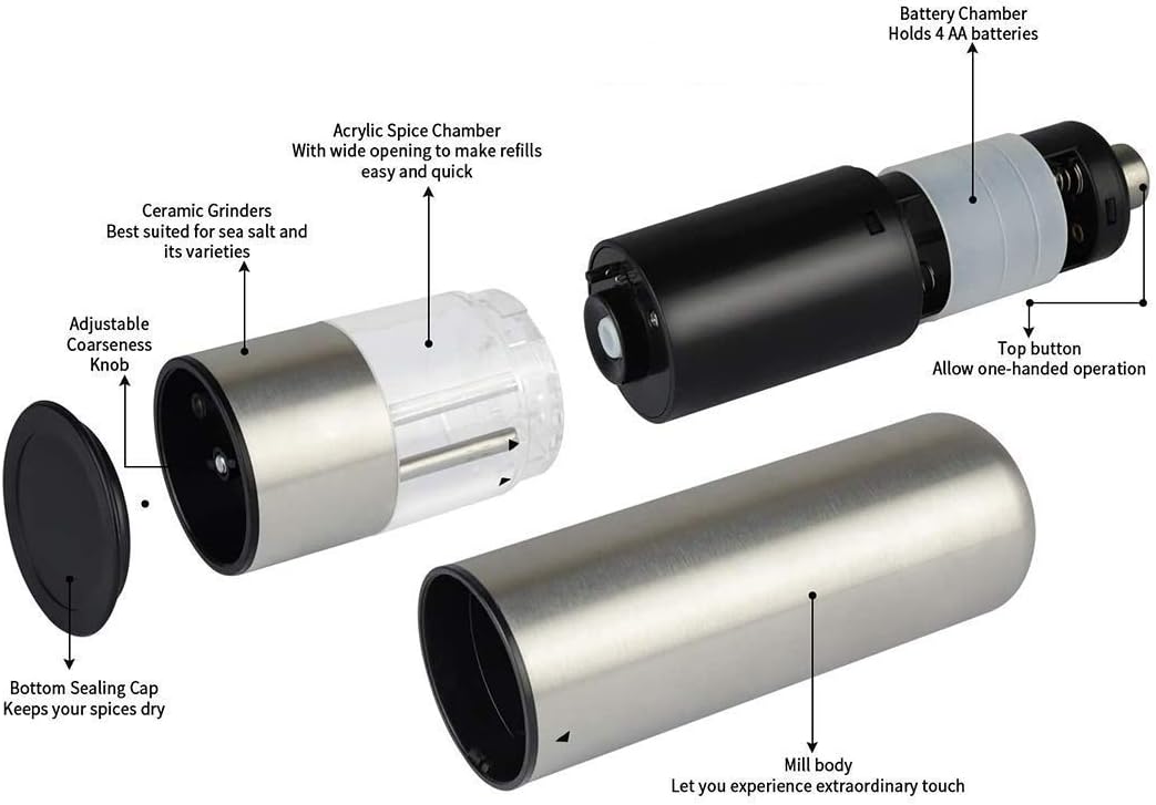 Electric Salt and Pepper Grinder Set, Battery Operated Premium Stainless Steel Mills with Led Light, Electronic Adjustable Shakers, Automatic One Handed