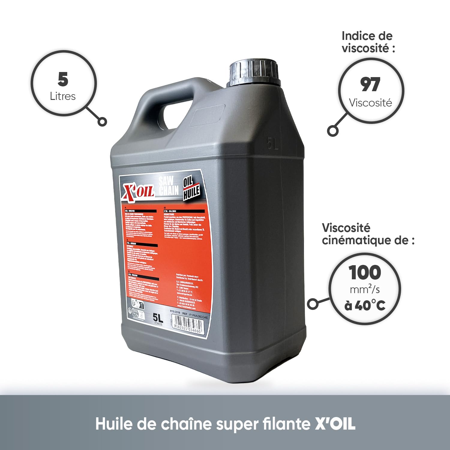 X'OIL - Huile Chaîne Tronçonneuse - Pour Chaînes et Guides - Haute Performance - Anti-Usure - Super Filante - Indice Viscosité 97 - Viscosité Cinématique de 100mm²/s à 40°C - Bidon de 5 L
