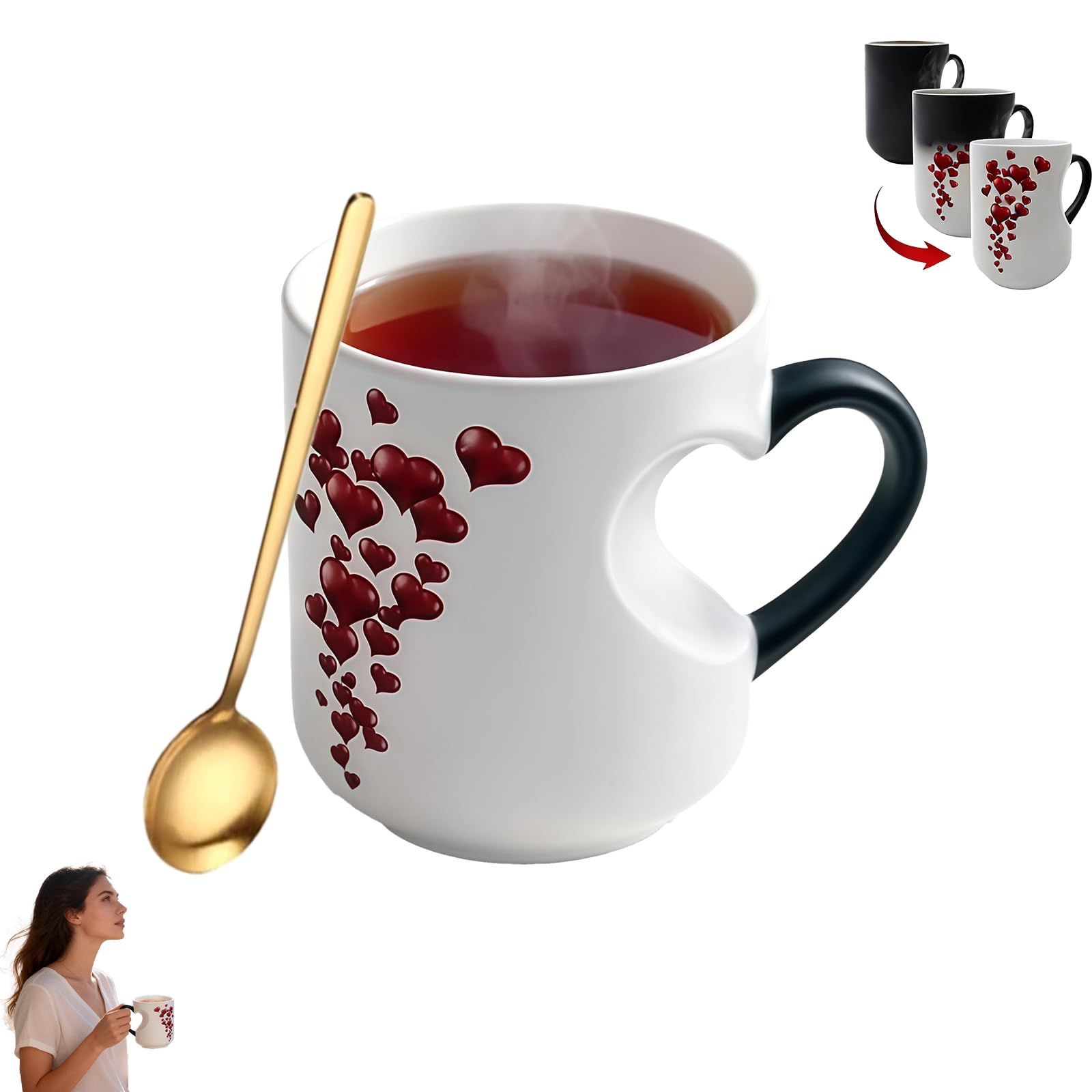 Heart Shaped Color Changing Ceramic Mug, Heat Sensitive Color Changing Coffee Mug with Red Heart Design, Romantic Personalized Coffee Mug Gift for Couples, Romantic Gifts for Couples (1)