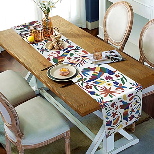 Nramoos Mexican Otomi Table Runner Colorful Birds Floral Waterwashable Polyester Fabrics Tablerunner Indoor Outdoor 13.7X75Inches #TOP4