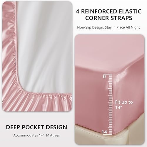 Miniatura 4 de CozyLux Sábanas de satén tamaño King  Juego de sábanas de 4 piezas color rosa con microfibra sedosa, 1 sábana bajera de bolsillo profundo, 1 sábana