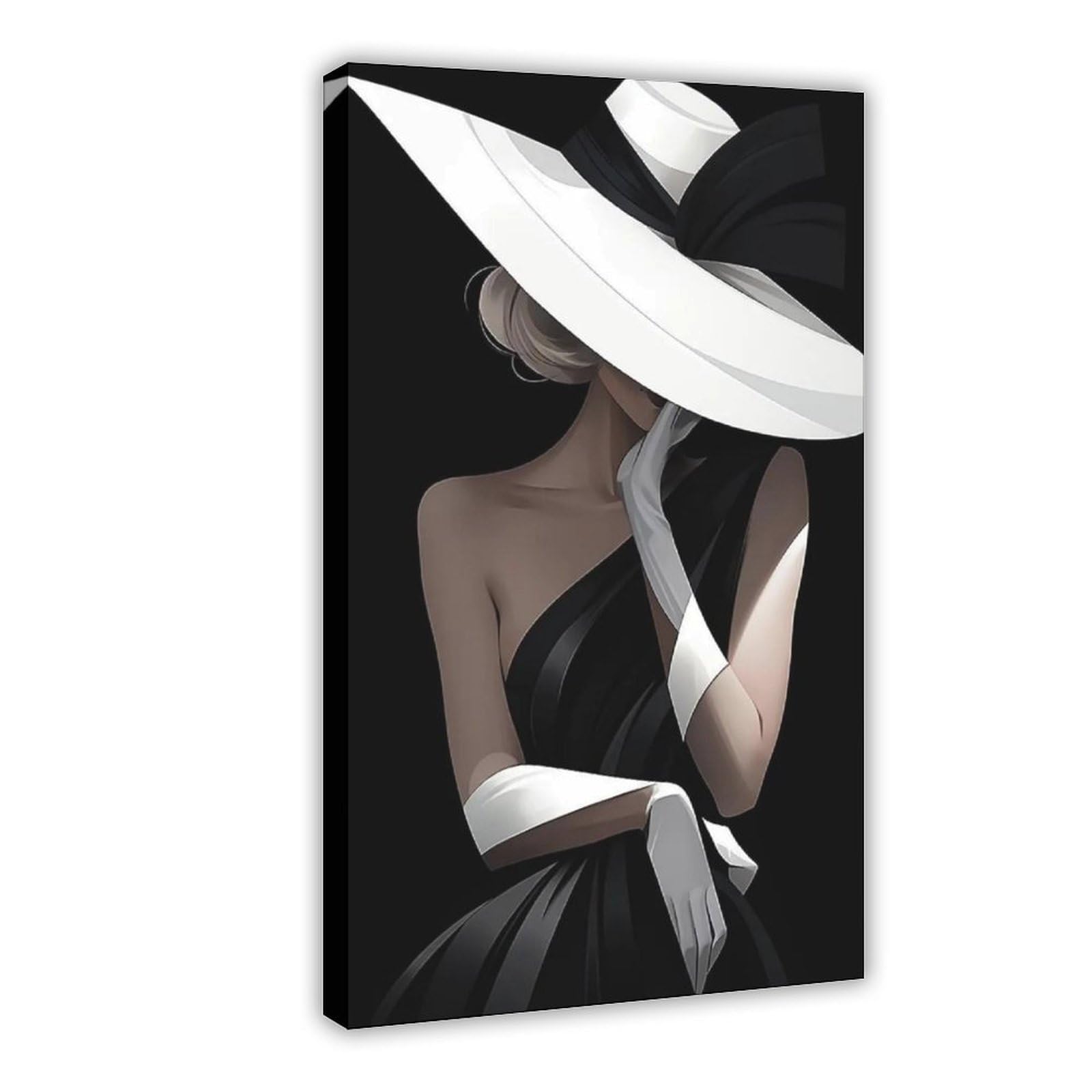 Wjwart Chic Woman In Black Dress With White Hat Canvas Poster Bedroom Decor Landscape Decor Gift 12X18inch(30X45cm)