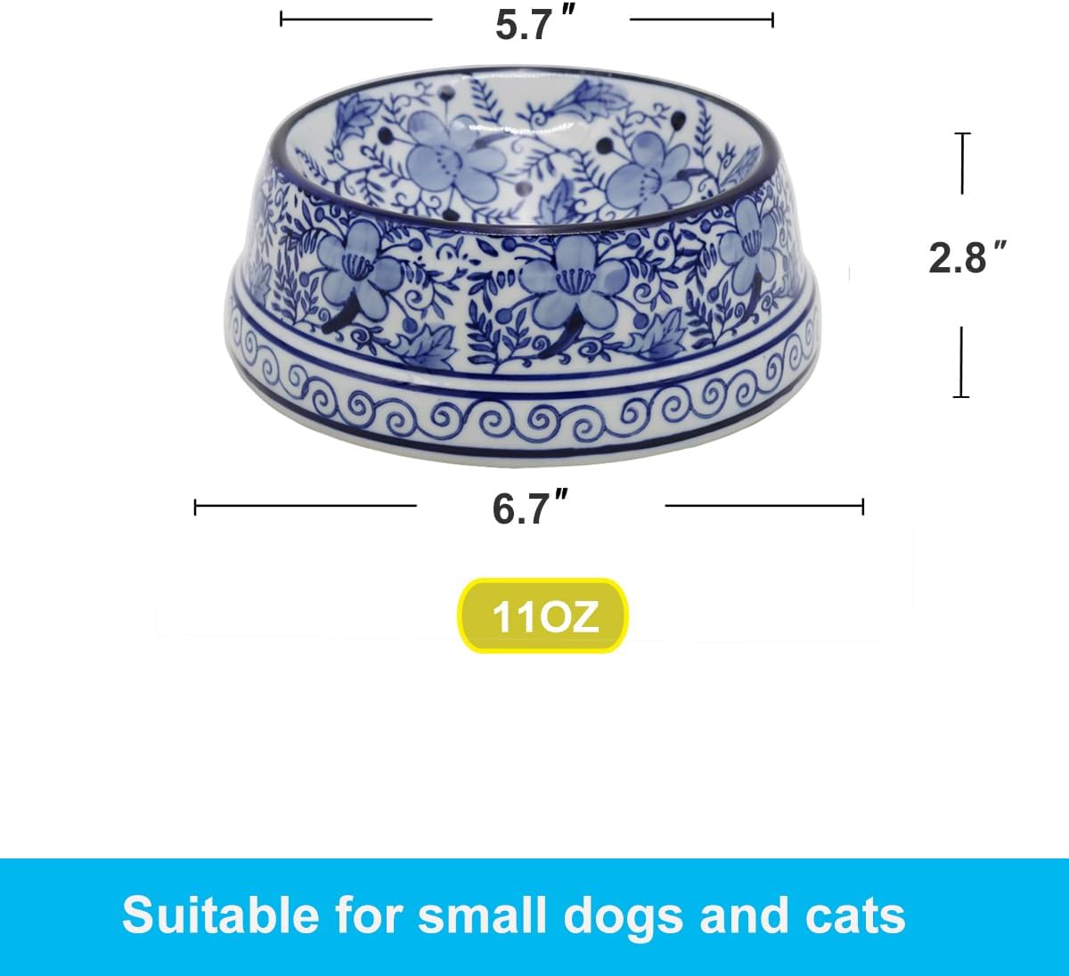 Aimusego 6.7inch Blue Ceramic Chinoiserie Food & Water Dish for Small and Medium Dogs/Cats, Non-Slip Anti-Tip Porcelain Pet Feeder Bowl