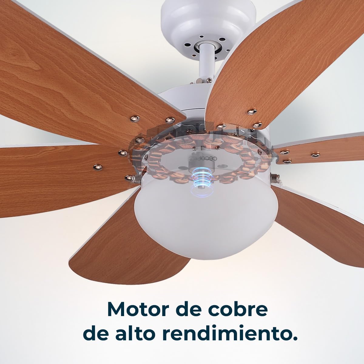Cecotec Ventilador de Techo con Luz EnergySilence Aero 360. 50 W, Bajo consumo, 91 cm de Diámetro, 6 Aspas Reversibles, 3 Velocidades, Función Invierno, Acabado en blanco/madera, Bombilla No Incluida