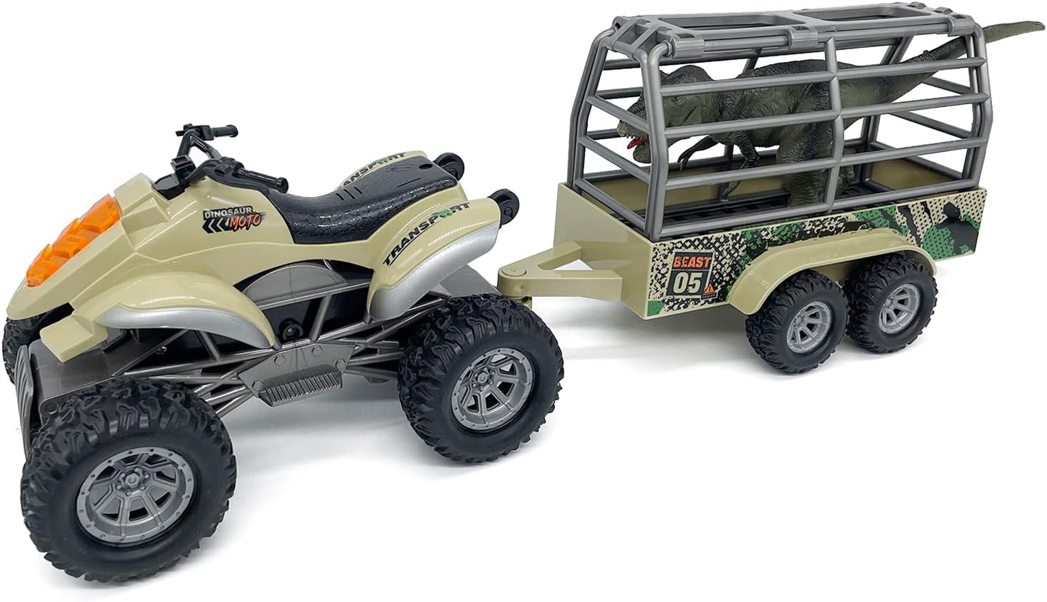 Large ATV Toy with Trailer Dinosaur Transport Truck Toys T Rex Carrier Jurassic Dino Rescue Friction Power Light