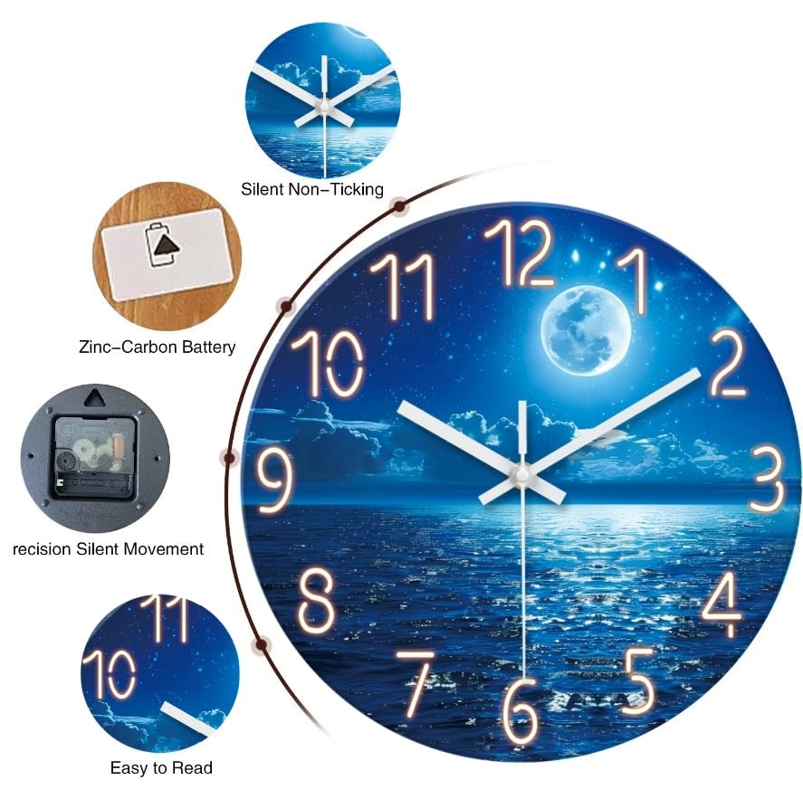 Image of Large Blue Moon Wall Clock Battery Operated 24 Inch Silent | Non Ticking Modern Glass Nature Decorative Round Analog Clock for Living Room Bedroom Kitchen