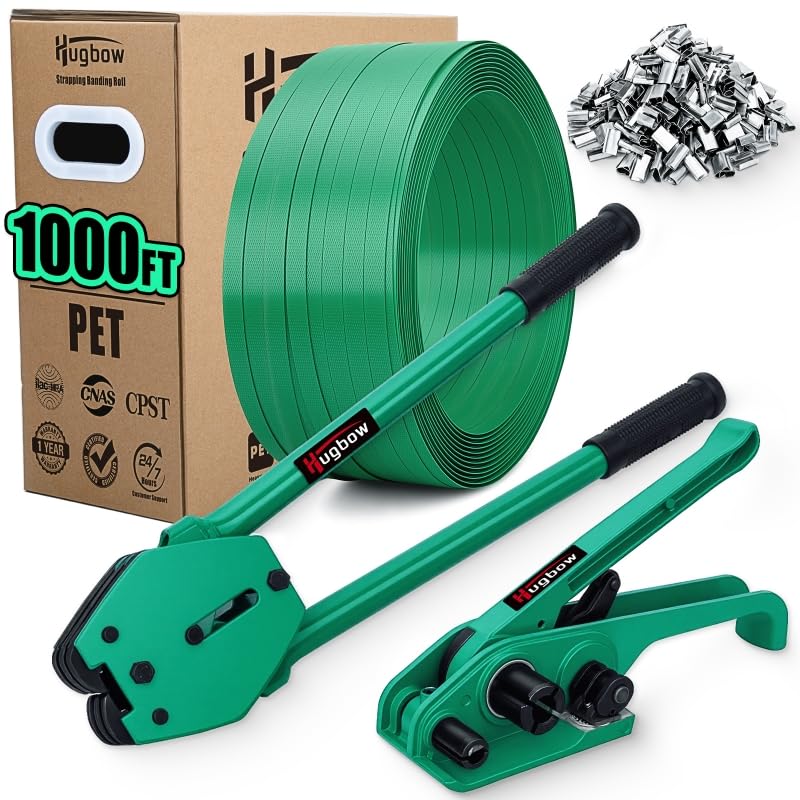 Hugbow Banding Strapping Kit, Heavy Duty Pallet Packaging Kit with >1500lbs 5/8" x 1000' PET Strapping Roll, 100 Metal Seals, 1 Pair Gloves, Strapping