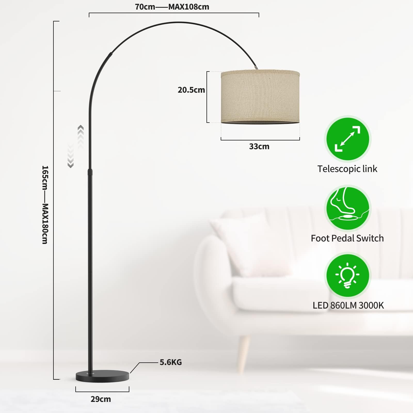 Modlicht Dekorative Bogenlampe JASMIN | Bogenleuchte LED E27 9W 3000K | Ø33CM Stoffschirm Leinen Beige | 165-180 cm Stehlampe für Wohnzimmer Schlafzimmer Büro Hotel