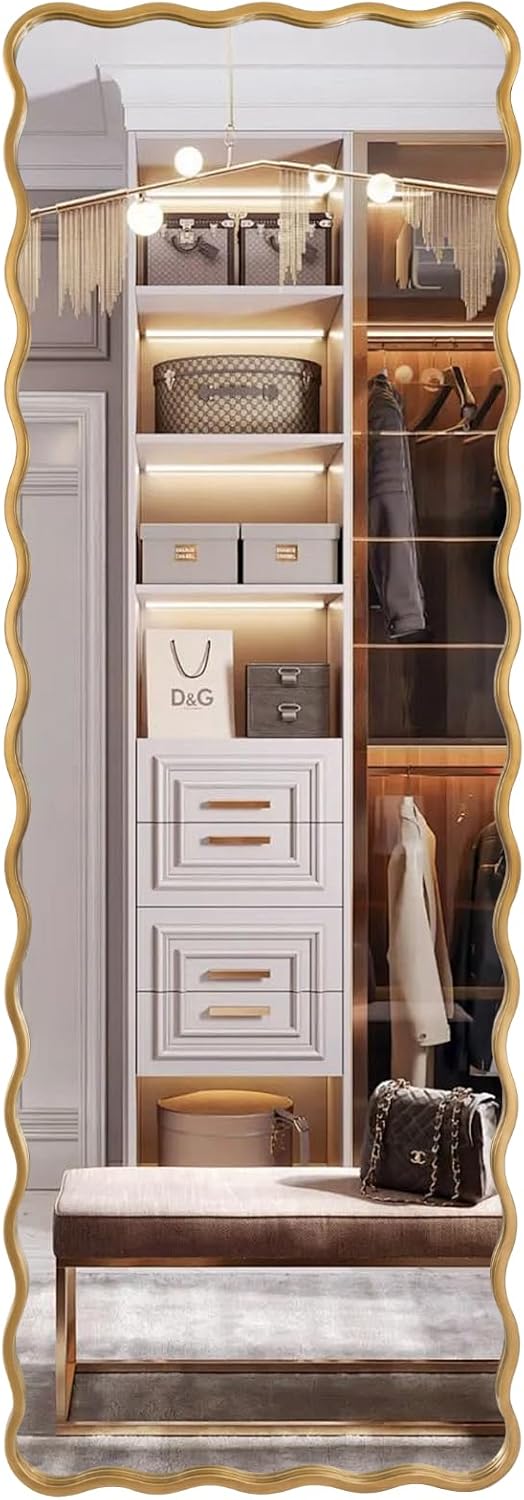 Gold Full Length Mirror with Stand, 22 X 65 Inch Ripple Brushed Floor Mirror Wall Mounted Large Modern Countryside Suitable for Bedroom, Living Room, Entryway Gold 65"L x 22"W